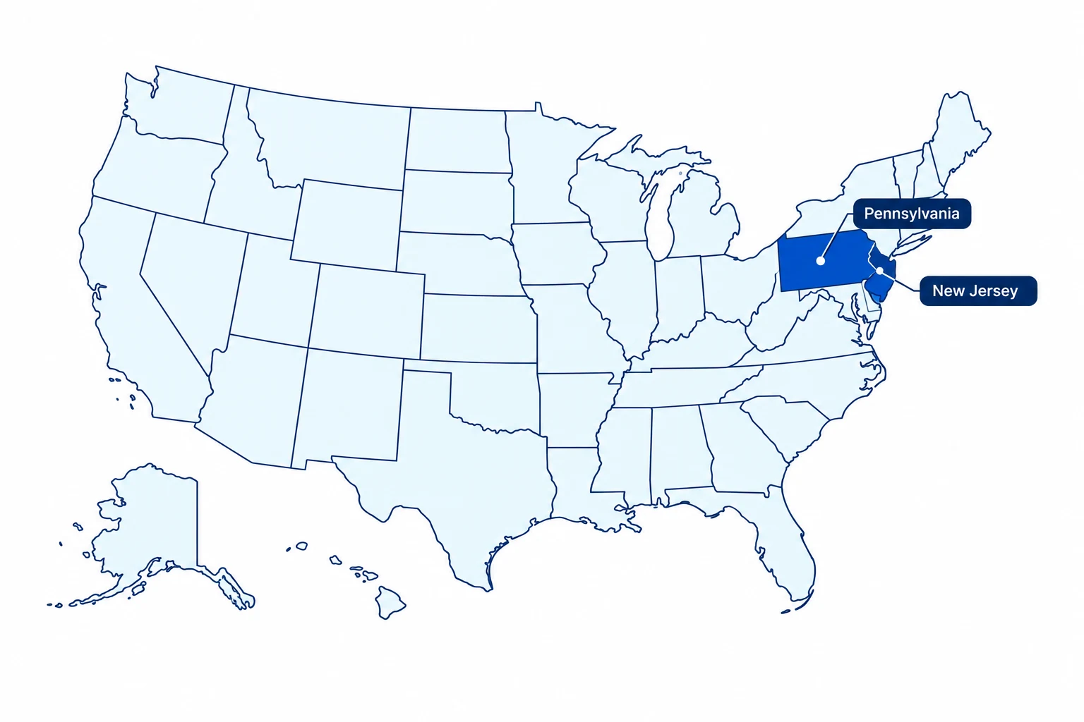United States map highlighting Pennsylvania and New Jersey